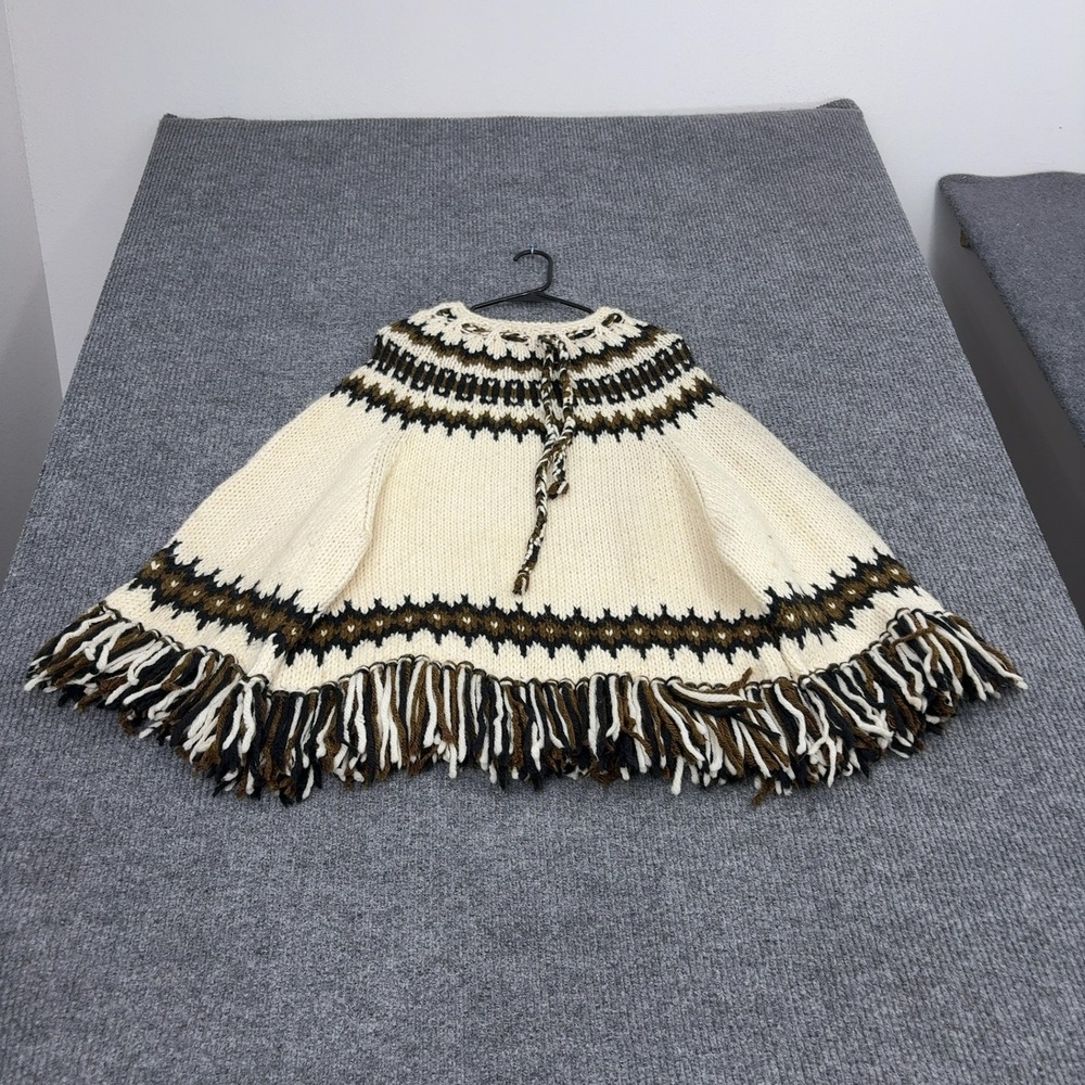 Vintage Martha Du Bois Poncho Womens One Size Cream Knit Fringe Fair Isle Boho